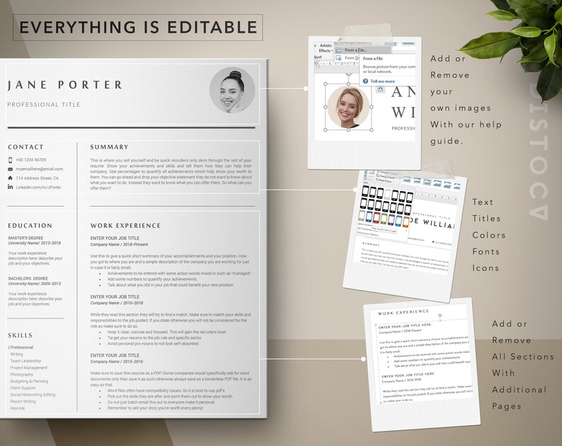 May include: A black and white resume template with the text "EVERYTHING IS EDITABLE" at the top. The template includes sections for contact information, summary, education, work experience, and skills. The template is customizable and can be used to create a professional resume.
