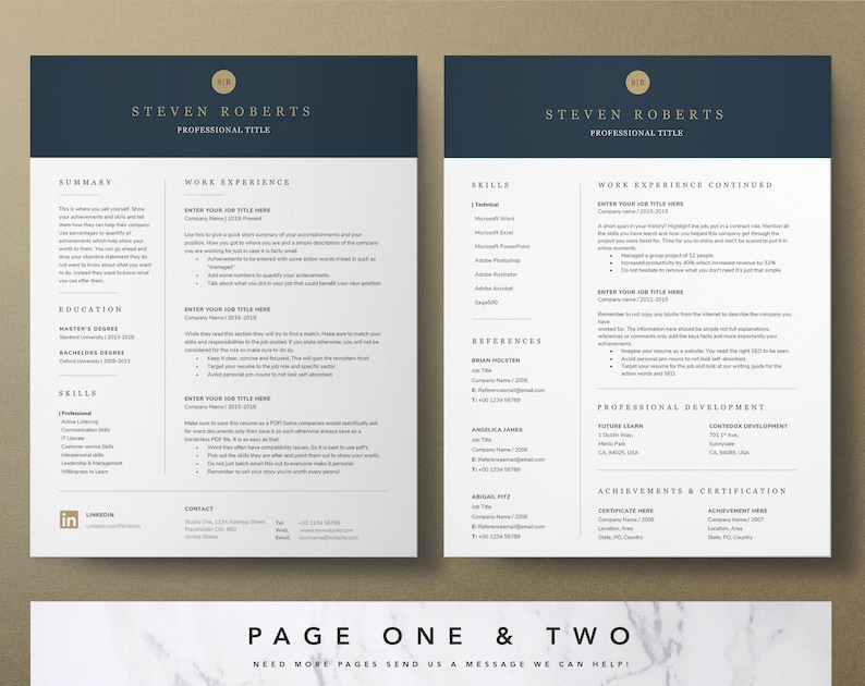 Pu&ograve; includere: Un modello di curriculum vitae su due pagine con sfondo blu scuro e accenti dorati. Il curriculum vitae include sezioni per riepilogo, esperienza lavorativa, istruzione, competenze, referenze, sviluppo professionale, risultati e certificazioni. Il modello &egrave; progettato per essere professionale e facile da leggere.