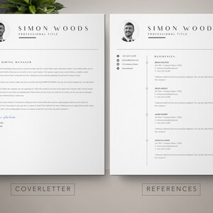 May include: A black and white cover letter and references page for Simon Woods. The cover letter includes a professional title, contact information, and a message to a hiring manager. The references page includes a list of references with their job titles, company names, and contact information.
