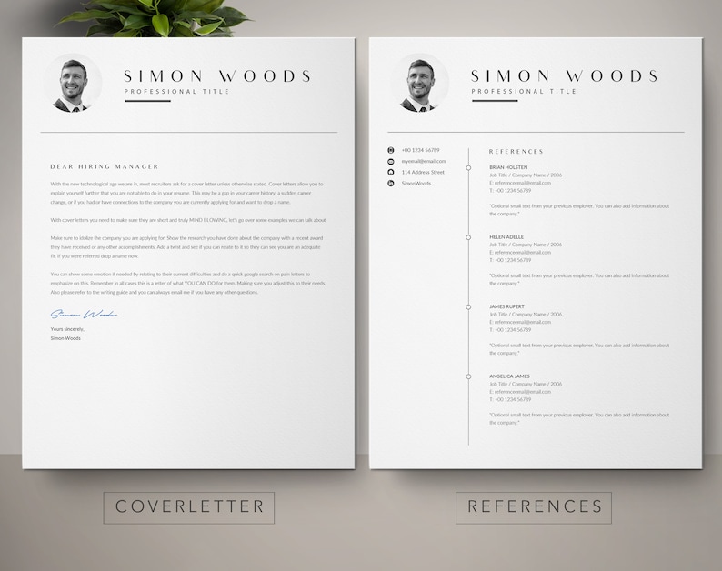 May include: A black and white cover letter and references page for Simon Woods. The cover letter includes a professional title, contact information, and a message to a hiring manager. The references page includes a list of references with their job titles, company names, and contact information.