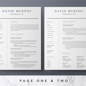 May include: A two-page resume template with a gray background and black text. The resume is for David Murphy, who has a professional title. The resume includes contact information, education, skills, work experience, awards, interests, and references.