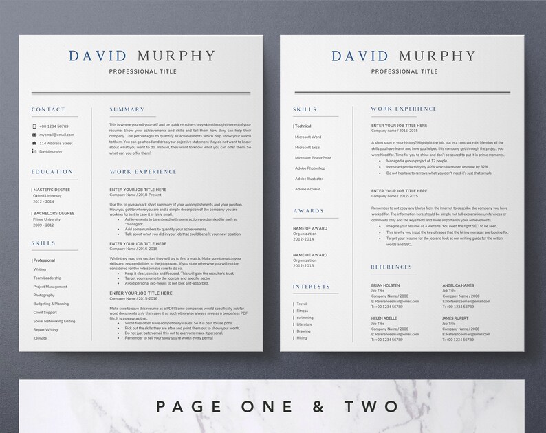 May include: A two-page resume template with a gray background and black text. The resume is for David Murphy, who has a professional title. The resume includes contact information, education, skills, work experience, awards, interests, and references.