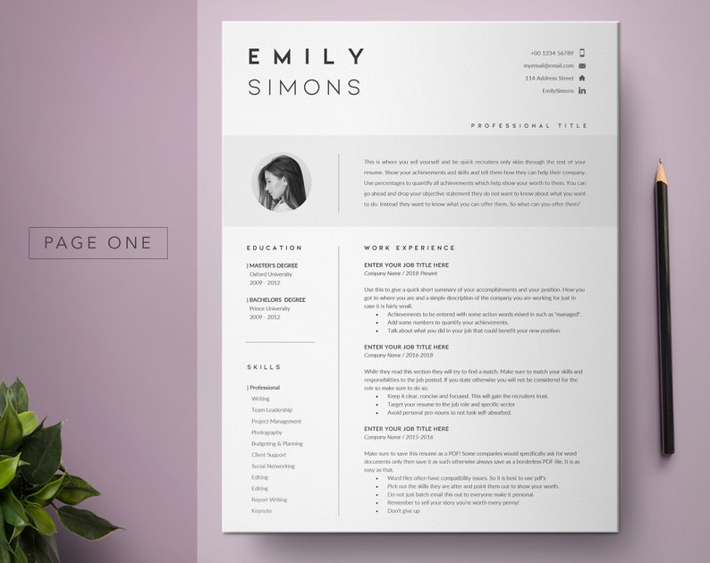 May include: A black and white resume template with a professional headshot, contact information, education, work experience, and skills sections. The template is designed to help job seekers create a visually appealing and informative resume.