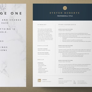 Op de afbeelding: Een cv-sjabloon met een donkerblauwe achtergrond en witte tekst. Het sjabloon bevat secties voor een samenvatting, werkervaring, opleiding, vaardigheden en contactgegevens. De tekst "PAGE ONE" staat bovenaan de pagina, en de tekst "CHOP AND CHANGE WITH EASE" staat eronder. De tekst "EVERYTHING IS EDITABLE" staat eronder. De tekst "FONT, IMAGES, TEXT, HEADINGS, SECTIONS" staat eronder. De tekst "SUMMARY" staat bovenaan de rechterkant van de pagina. De tekst "WORK EXPERIENCE" staat eronder. De tekst "EDUCATION" staat eronder. De tekst "SKILLS" staat eronder. De tekst "CONTACT" staat onderaan de rechterkant van de pagina. De tekst "LINKEDIN" staat onderaan de linkerkant van de pagina.