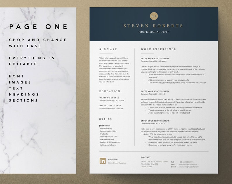 Op de afbeelding: Een cv-sjabloon met een donkerblauwe achtergrond en witte tekst. Het sjabloon bevat secties voor een samenvatting, werkervaring, opleiding, vaardigheden en contactgegevens. De tekst "PAGE ONE" staat bovenaan de pagina, en de tekst "CHOP AND CHANGE WITH EASE" staat eronder. De tekst "EVERYTHING IS EDITABLE" staat eronder. De tekst "FONT, IMAGES, TEXT, HEADINGS, SECTIONS" staat eronder. De tekst "SUMMARY" staat bovenaan de rechterkant van de pagina. De tekst "WORK EXPERIENCE" staat eronder. De tekst "EDUCATION" staat eronder. De tekst "SKILLS" staat eronder. De tekst "CONTACT" staat onderaan de rechterkant van de pagina. De tekst "LINKEDIN" staat onderaan de linkerkant van de pagina.
