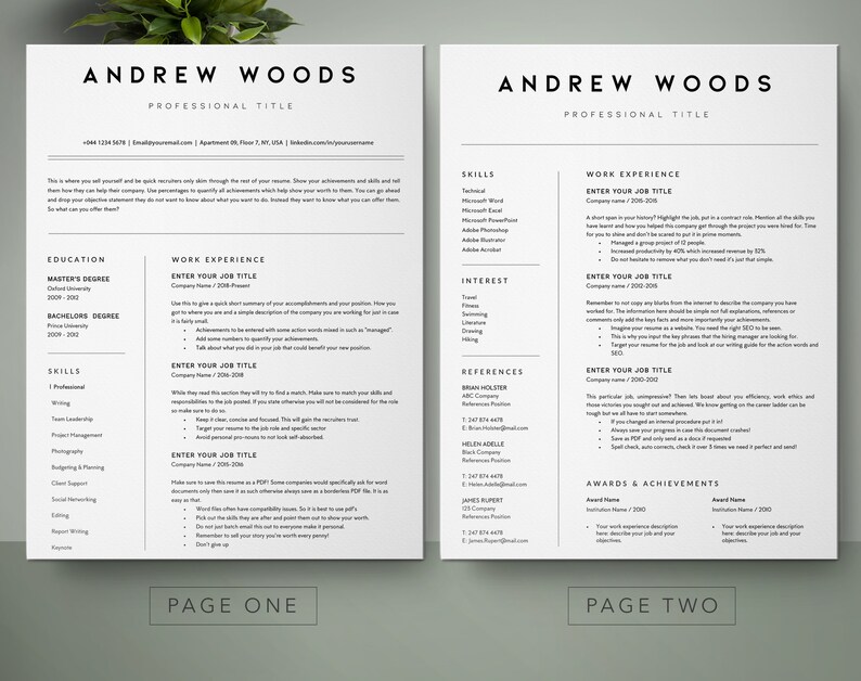 May include: A black and white resume template with the name Andrew Woods at the top. The resume is divided into two pages, with the first page containing sections for education, work experience, and skills. The second page contains sections for work experience, references, awards and achievements, and interests.