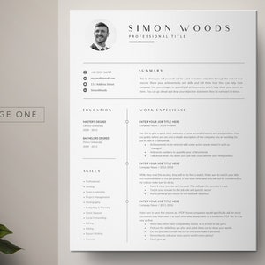 May include: A black and white resume template with a professional headshot, contact information, education, work experience, and skills sections. The resume is designed for a job seeker to showcase their qualifications and experience.
