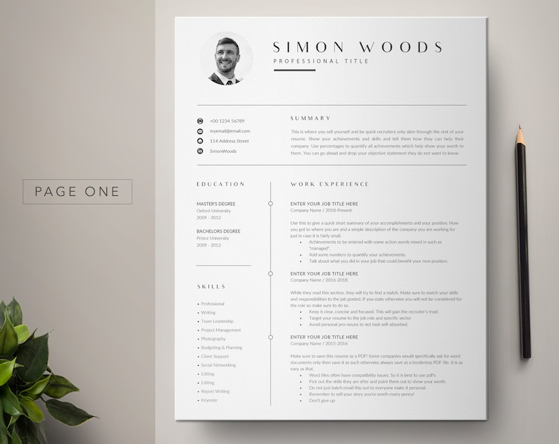 May include: A black and white resume template with a professional headshot, contact information, education, work experience, and skills sections. The resume is designed for a job seeker to showcase their qualifications and experience.