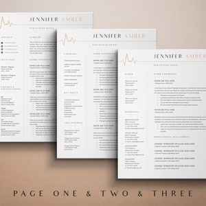 May include: A three-page resume template with a pink heart beat line graphic. The resume is for a registered nurse named Jennifer Amber. The template includes sections for contact information, education, licenses and certifications, work experience, expertise, key skills, volunteering, other, references, and professional development.