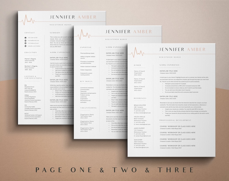 May include: A three-page resume template with a pink heart beat line graphic. The resume is for a registered nurse named Jennifer Amber. The template includes sections for contact information, education, licenses and certifications, work experience, expertise, key skills, volunteering, other, references, and professional development.