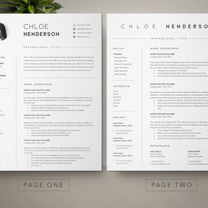 May include: A black and white resume template with the name Chloe Henderson at the top. The resume includes sections for education, work experience, skills, interests, and awards. The resume is formatted with a professional and modern design.
