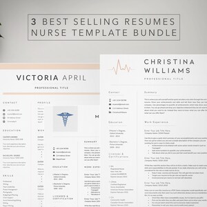 May include: Two resume templates for nurses, one with a blue medical symbol and the other with a pink heartbeat graphic. Both templates feature a professional design with sections for contact information, education, work experience, skills, and licenses and certifications.