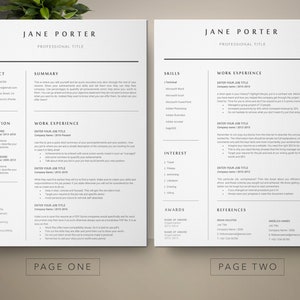 May include: A two-page resume template with a modern, minimalist design. The resume includes sections for contact information, summary, education, work experience, skills, interests, awards, and references. The template is in black and white with a simple, clean layout.