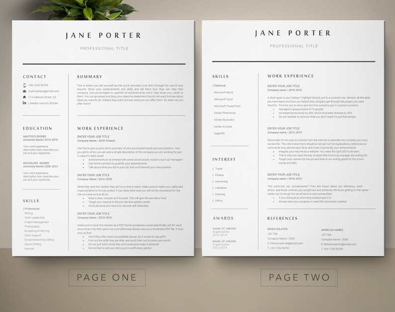 May include: A two-page resume template with a modern, minimalist design. The resume includes sections for contact information, summary, education, work experience, skills, interests, awards, and references. The template is in black and white with a simple, clean layout.