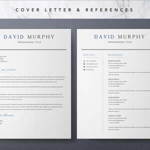 May include: A cover letter and references template with a white background and blue text. The document includes contact information, a cover letter, and a list of references.