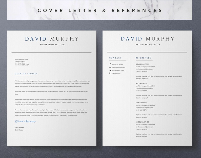 May include: A cover letter and references template with a white background and blue text. The document includes contact information, a cover letter, and a list of references.