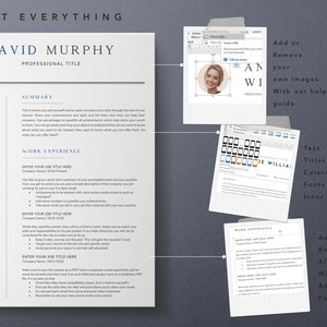 May include: A customizable resume template with a gray background and blue accents. The template includes sections for contact information, education, work experience, skills, and a summary. The template also includes a section for adding a photo and a section for adding text, titles, colors, fonts, and icons.