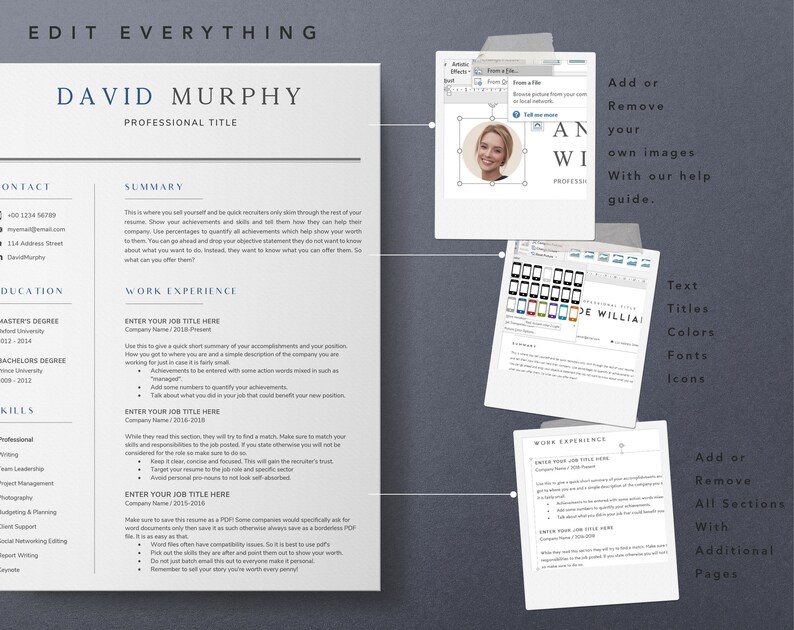 May include: A customizable resume template with a gray background and blue accents. The template includes sections for contact information, education, work experience, skills, and a summary. The template also includes a section for adding a photo and a section for adding text, titles, colors, fonts, and icons.