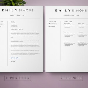 May include: A black and white resume template with the name "Emily Simons" and the title "Professional Title" at the top. The resume includes contact information, a cover letter, and a references section.