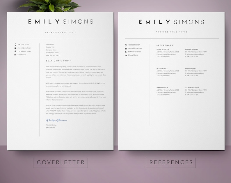 May include: A black and white resume template with the name "Emily Simons" and the title "Professional Title" at the top. The resume includes contact information, a cover letter, and a references section.