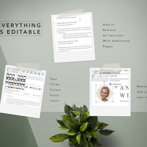 May include: A mockup of a resume template with the text "EVERYTHING IS EDITABLE" and "DISTOCV" on a green background. The template includes sections for work experience, skills, and education. The text "Text, Titles, Colors, Fonts, Icons" is listed on the left side of the image. The image shows that the template is customizable with different fonts, colors, and icons.