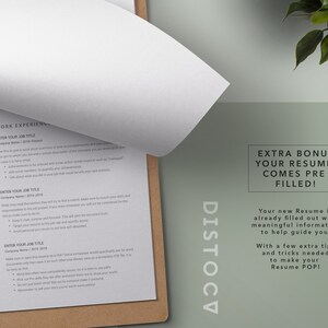 May include: A resume template with the text "EXTRA BONUS YOUR RESUME COMES PRE FILLED!" and "Your new Resume is already filled out with meaningful information to help guide you. With a few extra tips and tricks needed to make your Resume POP!"
