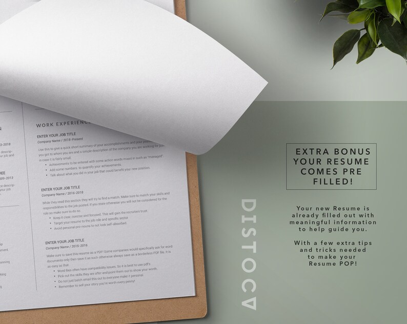 May include: A resume template with the text "EXTRA BONUS YOUR RESUME COMES PRE FILLED!" and "Your new Resume is already filled out with meaningful information to help guide you. With a few extra tips and tricks needed to make your Resume POP!"