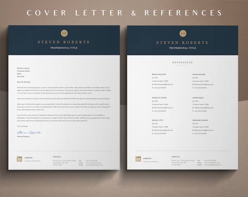 Pode incluir: Um modelo de carta de apresenta&ccedil;&atilde;o e refer&ecirc;ncias em preto e branco com o nome Steven Roberts no topo de cada p&aacute;gina. A carta de apresenta&ccedil;&atilde;o inclui uma carta de amostra e as informa&ccedil;&otilde;es de contato. A p&aacute;gina de refer&ecirc;ncias inclui uma lista de refer&ecirc;ncias com seus cargos, nomes das empresas e as informa&ccedil;&otilde;es de contato.