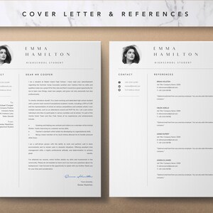 Pu&ograve; includere: Una pagina di lettera di presentazione e referenze in bianco e nero per Emma Hamilton, una studentessa delle scuole superiori. La lettera di presentazione &egrave; indirizzata a HR Cooper e include le informazioni di contatto di Emma. La pagina delle referenze elenca quattro referenze con i loro dati di contatto.