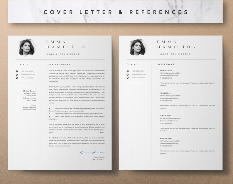 Pu&ograve; includere: Una pagina di lettera di presentazione e referenze in bianco e nero per Emma Hamilton, una studentessa delle scuole superiori. La lettera di presentazione &egrave; indirizzata a HR Cooper e include le informazioni di contatto di Emma. La pagina delle referenze elenca quattro referenze con i loro dati di contatto.