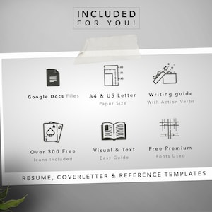 May include: A white card with black text and icons outlining the features included in a resume template package. The text reads "INCLUDED FOR YOU!" and lists features such as "Google Docs Files", "A4 & US Letter Paper Size", "Writing guide with Action Verbs", "Over 300 Free Icons Included", "Visual & Text Easy Guide", and "Free Premium Fonts Used". The text at the bottom reads "RESUME, COVERLETTER & REFERENCE TEMPLATES".