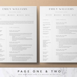 Puede incluir: Una plantilla de curr&iacute;culum de dos p&aacute;ginas con un fondo de m&aacute;rmol. El curr&iacute;culum es para Emily Williams, una enfermera registrada. El curr&iacute;culum incluye secciones para resumen, educaci&oacute;n, experiencia laboral, licencias y certificaciones, habilidades clave, otras y experiencia laboral.