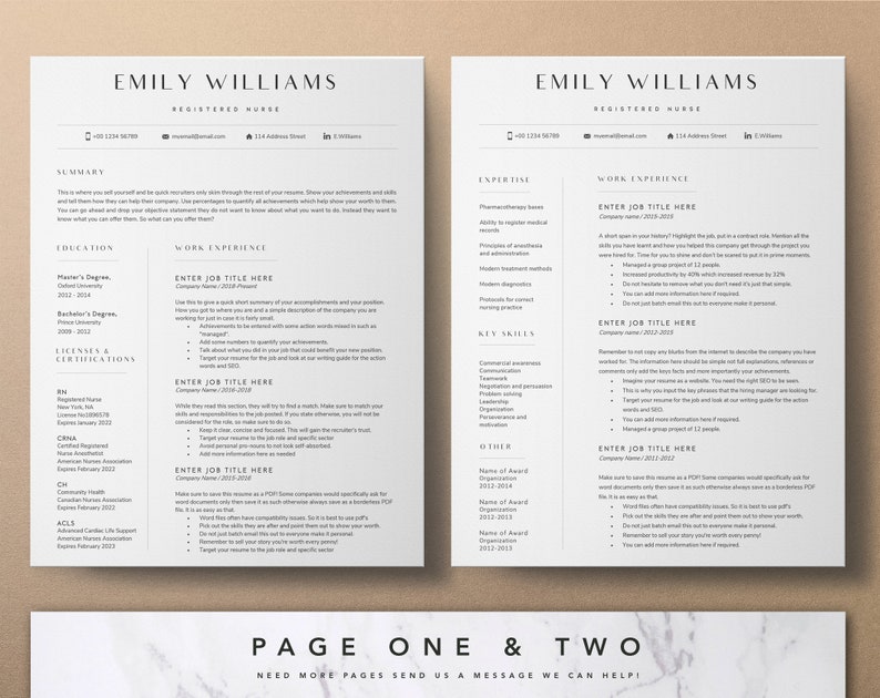 Puede incluir: Una plantilla de curr&iacute;culum de dos p&aacute;ginas con un fondo de m&aacute;rmol. El curr&iacute;culum es para Emily Williams, una enfermera registrada. El curr&iacute;culum incluye secciones para resumen, educaci&oacute;n, experiencia laboral, licencias y certificaciones, habilidades clave, otras y experiencia laboral.