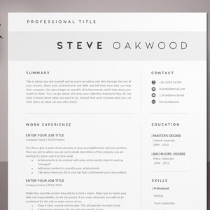 May include: A black and white resume template with the name Steve Oakwood at the top. The resume includes sections for summary, work experience, education, and skills. The template is designed to be professional and easy to read.