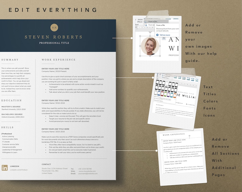 Op de afbeelding: Een aanpasbare cv-sjabloon met een blauw en wit kleurenschema. De sjabloon bevat secties voor samenvatting, werkervaring, opleiding, vaardigheden, contactgegevens en LinkedIn. De sjabloon bevat ook een sectie voor het toevoegen of verwijderen van afbeeldingen, tekst, titels, kleuren, lettertypen en pictogrammen. De sjabloon kan worden gebruikt om een professionele cv te maken die is afgestemd op de individuele behoeften.