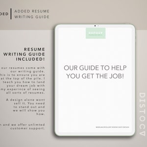 May include: A white tablet with a green logo that says "DISTOCV" and the text "OUR GUIDE TO HELP YOU GET THE JOB!" on the screen. The text "RESUME WRITING GUIDE INCLUDED!" is on the left side of the image. The text "WHEN AN EXCELLENT DESIGN IS NOT ENOUGH" is at the bottom of the screen.