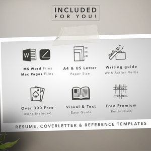 May include: A white poster with black text and icons outlining the features included in a resume template package. The text reads "INCLUDED FOR YOU!" and lists features such as "MS Word Files, Mac Pages Files, A4 & US Letter Paper Size, Writing guide with Action Verbs, Over 300 Free Icons Included, Visual & Text Easy Guide, Free Premium Fonts Used". The poster also includes the text "RESUME, COVERLETTER & REFERENCE TEMPLATES".
