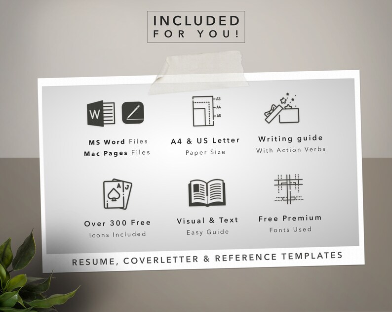 May include: A white poster with black text and icons outlining the features included in a resume template package. The text reads "INCLUDED FOR YOU!" and lists features such as "MS Word Files, Mac Pages Files, A4 & US Letter Paper Size, Writing guide with Action Verbs, Over 300 Free Icons Included, Visual & Text Easy Guide, Free Premium Fonts Used". The poster also includes the text "RESUME, COVERLETTER & REFERENCE TEMPLATES".