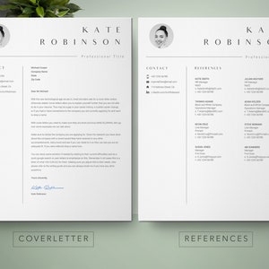 K&ouml;nnte beinhalten: Eine schwarz-wei&szlig;e Lebenslaufvorlage mit einem professionellen Portr&auml;tfoto und Kontaktinformationen. Der Lebenslauf enth&auml;lt ein Anschreiben und einen Abschnitt mit Referenzen.