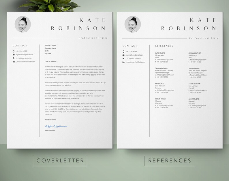 K&ouml;nnte beinhalten: Eine schwarz-wei&szlig;e Lebenslaufvorlage mit einem professionellen Portr&auml;tfoto und Kontaktinformationen. Der Lebenslauf enth&auml;lt ein Anschreiben und einen Abschnitt mit Referenzen.