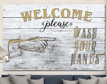 Welcome Sign Print On Canvas Please Wash Your Hands Creative Sanitation Notice Interior Multi Panel Print Signs for Restaurants Wall Decor