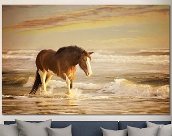 Brown Horse Print On Canvas Walking Brown Horse Wall Art Ocean Beach Multi Panel Print for Indie Room Decor