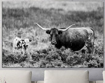 Large Longhorn Canvas Wall Art Black And White Print Farmhouse Decor Gift Multi Panel Print Photo Poster Creative Decor Moving House Gift