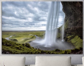 Wasserfall Island Leinwandbild Seljalandsfoss Wandkunst Druck Island Leinwandkunst Wasserfall Druck Natur Grüne Landschaft moderne Raumdeko