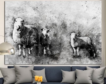 Abstract Sheeps Print on Canvas Black and White Poster Animal Wall Art Farm Animal Print Multi Panel Wall Art for Farmhouse Decor