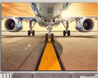 Airplane Runway Canvas Wall Art Aviation Airplane Poster Colorful Travel Multi Panel Print Plane On Runway for Living Room Wall Decor