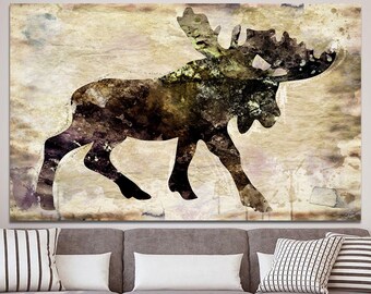 Moose Print on Canvas Forest Animal Print Minimalist Art Colorful Multi Panel Print Wall Hanging Decor for Home