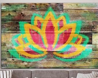 Lotus Canvas Wall Art Spiritual Flower Multi Panel Print Chakra Lotus Poster Wooden Background Colorful Wall Hanging Decor