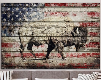 Bison Canvas Art Buffalo Print American Flag Background Wall Art Multi Panel Print Modern Patriotic Art USA Flag Wall Decor for Living Room