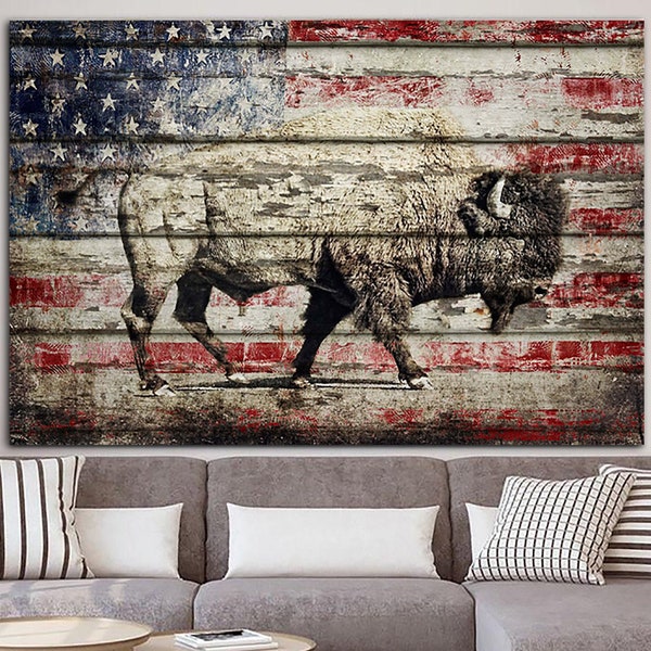 Bison Canvas Art Buffalo Print American Flag Background Wall Art Multi Panel Print Modern Patriotic Art USA Flag Wall Decor for Living Room